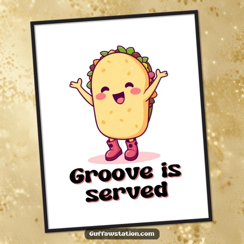 Funny digital art print of a happy taco character in boots dancing silly, perfect for vibrant decor.