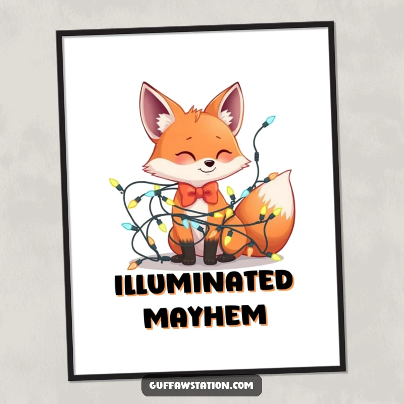 Funny digital art print showing a fox in a bowtie hilariously ensnared in a large string of festive holiday lights, perfect for seasonal decor.