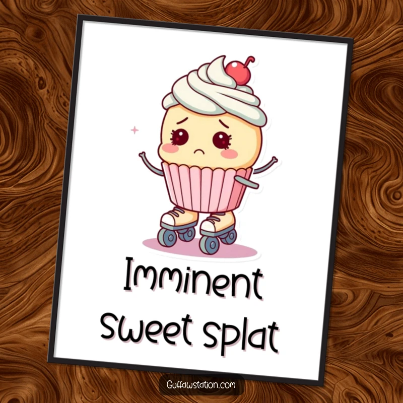 Funny digital art print of a bewildered cupcake on roller skates, about to fall, perfect for printing.