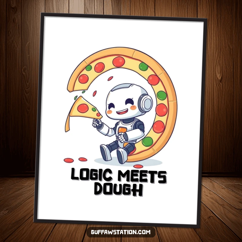 Funny digital art print of a small robot gleefully attempting to eat a giant, spinning pizza, ready to print.
