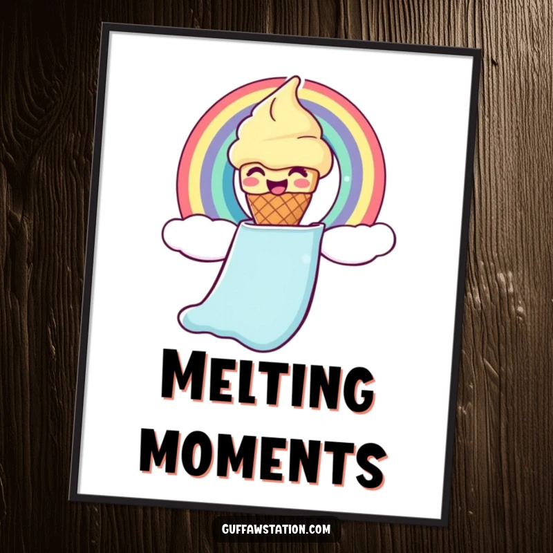 Funny ice cream digital art print of a giggling cone sliding down a rainbow chute, whimsical and joyful.