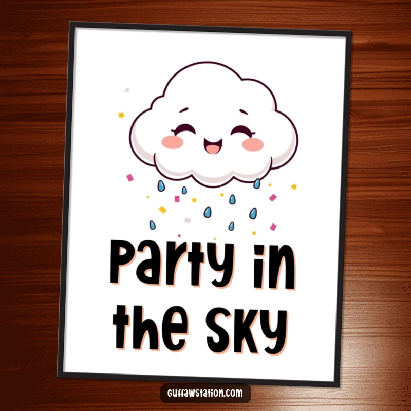 Funny happy cloud with a wide smile raining colorful confetti, humorous digital art for instant joy.