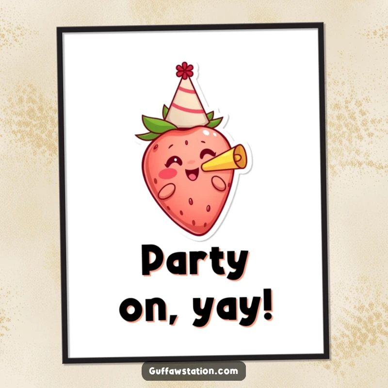 Funny cheerful strawberry wearing a party hat and blowing a party horn, available as a high-resolution digital art print.