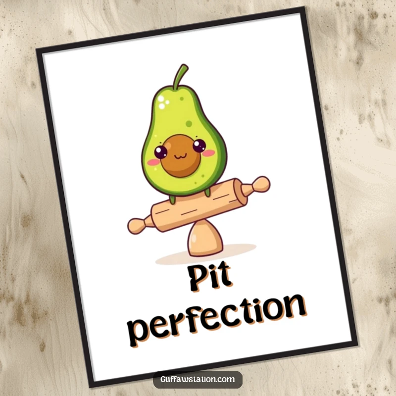 Funny digital art print of a determined avocado balancing on a tiny rolling pin, perfect for instant humorous decor.