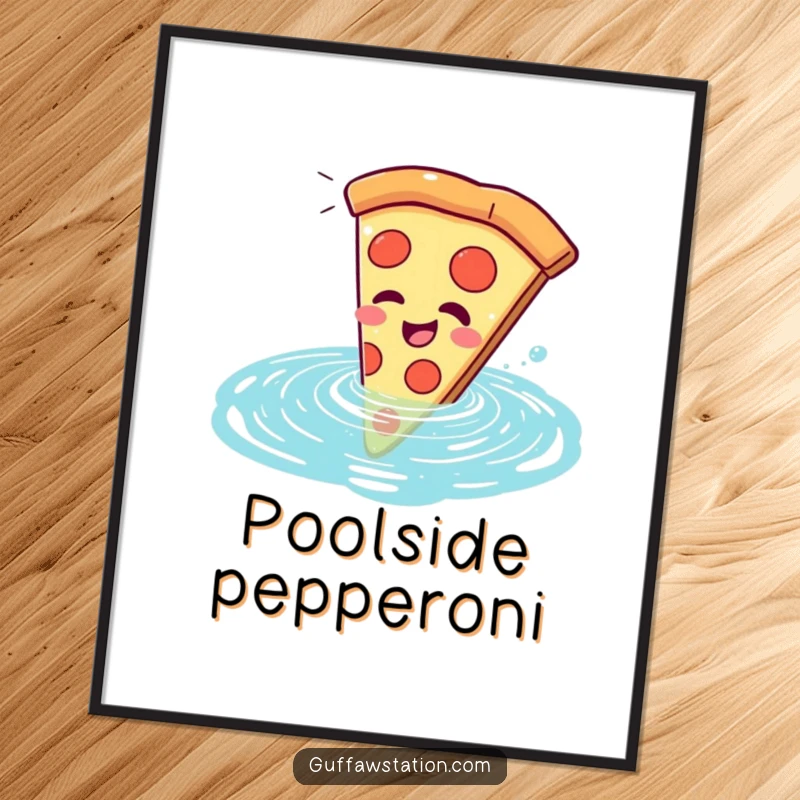 Funny pizza slice digital art print, comically giggling while falling into a swimming pool, capturing pure, cheesy delight.