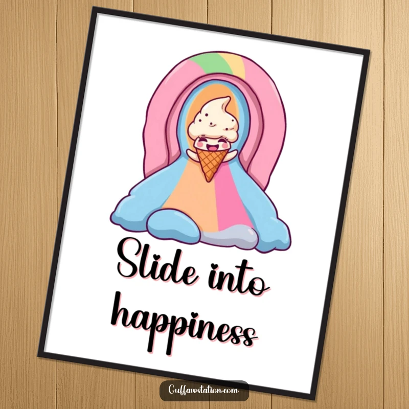 Funny ice cream cone digital art print captures a giggling cone in a thrilling descent down a bright, cheerful rainbow.