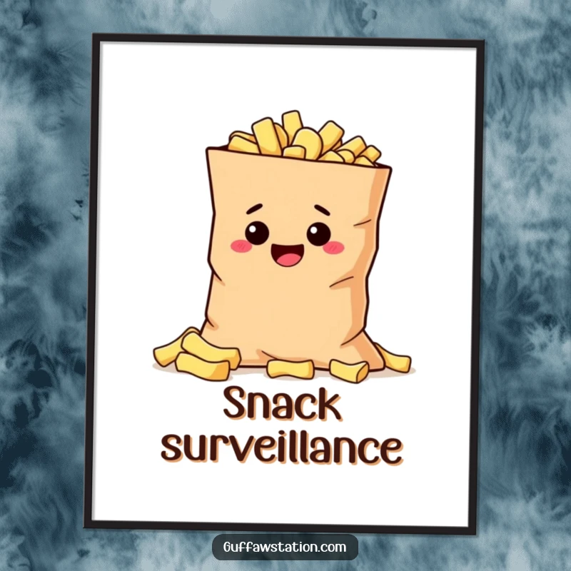 Funny mischievous potato hiding behind a large bag of chips, available as a high-resolution digital art print.