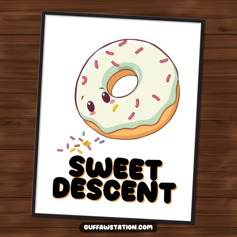Funny clumsy donut character rolling downhill, leaving sprinkles, available as a high-resolution digital art print.