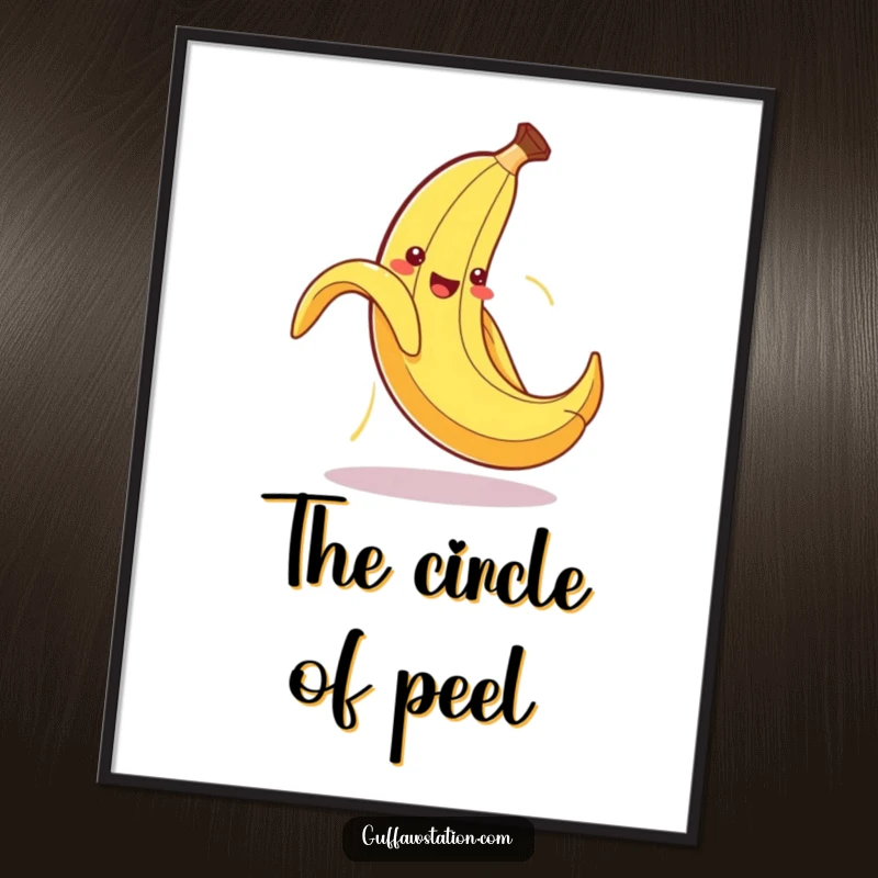 Funny digital art print of a cute banana peel hilariously slipping on its own peel, full of comical action.