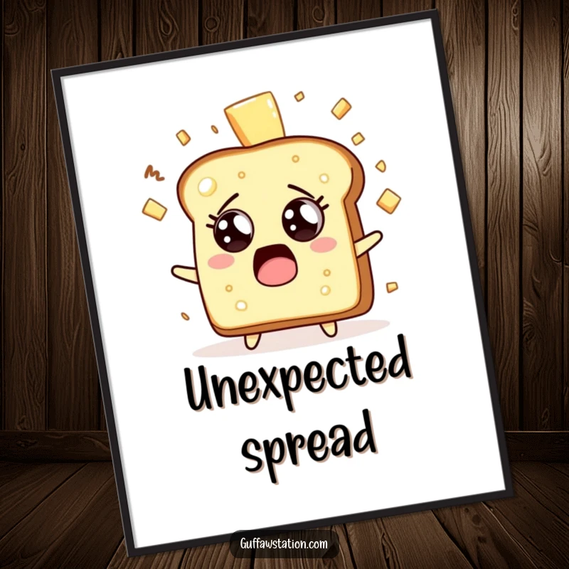 Funny surprised toast character with butter flying everywhere, wide-eyed, available as a high-resolution digital art print.