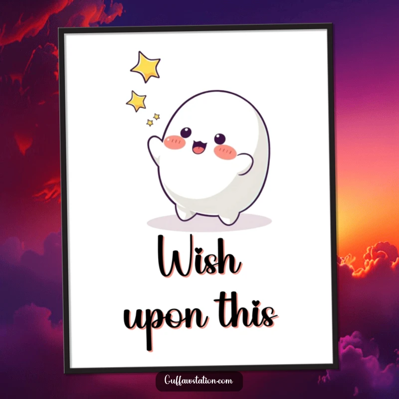 Funny playful blob character reaching for bright falling stars, humorous digital art for instant decor.