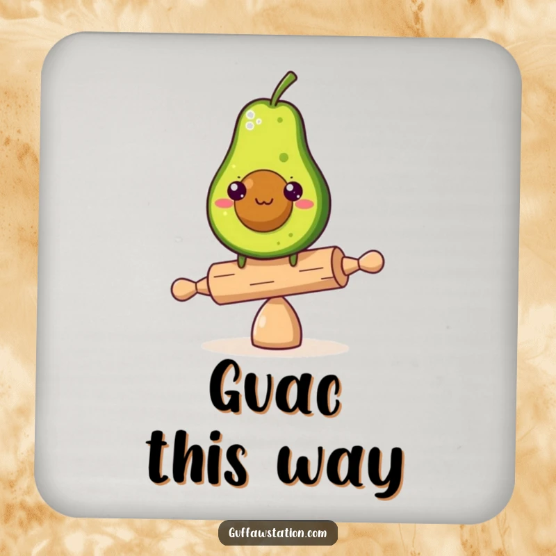 Funny determined avocado balancing on a tiny rolling pin on a drink coaster, adding humorous determination to table settings.