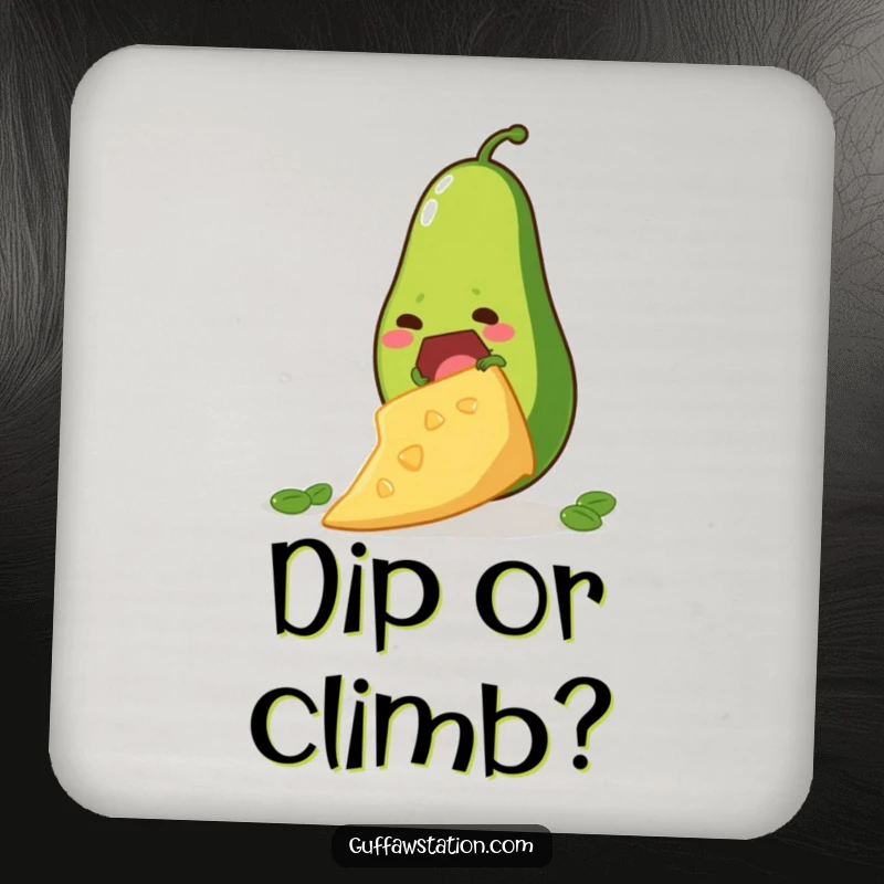 Funny drink coasters showing a determined avocado climbing a giant tortilla chip, adding a humorous foodie touch.
