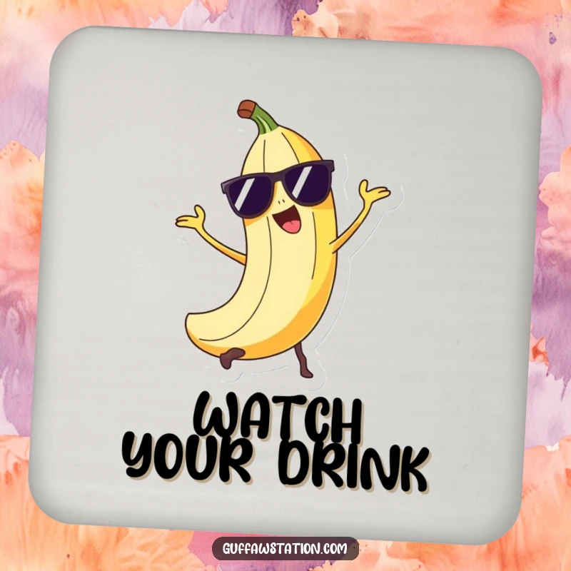 Funny mischievous banana peel character in sunglasses performing a sneaky trick on a set of protective drink coasters.