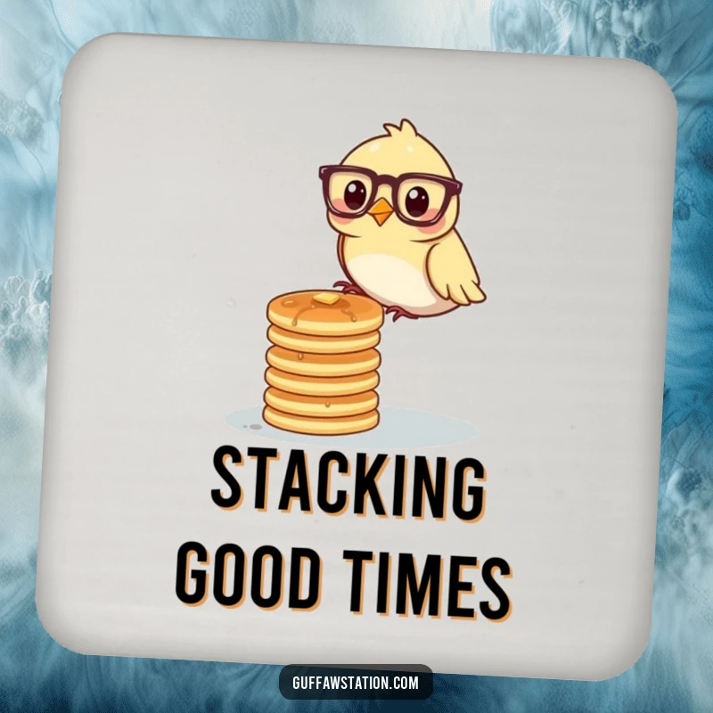 A bird wearing glasses carefully balancing a stack of pancakes on a drink coaster, for witty surface protection.