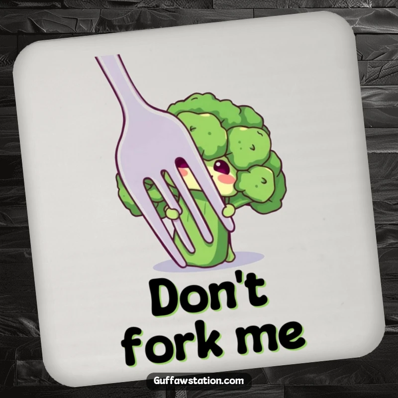 Funny drink coaster with a shy broccoli floret character peeking from behind a giant fork, adding a gentle touch.