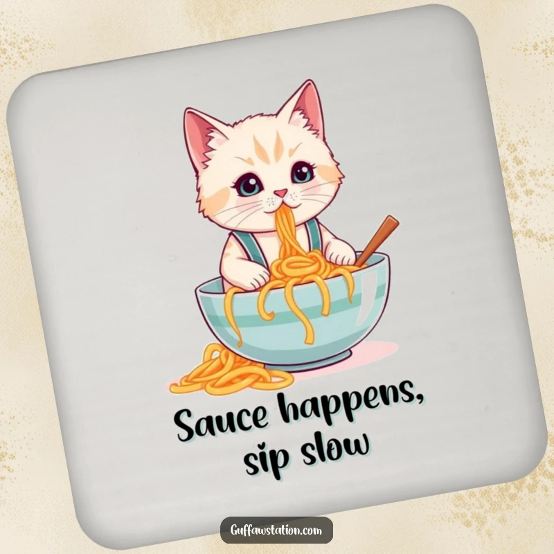 Funny coasters featuring a cat in tiny suspenders spilling a giant bowl of spaghetti, great for protecting tables.