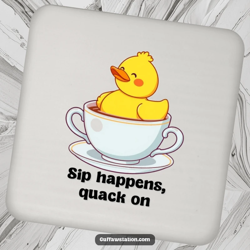 Funny rubber duck confused in a giant teacup, a humorous drink coaster for conversation.