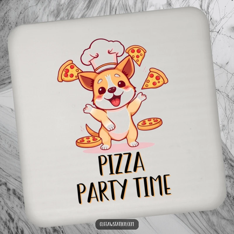 Funny dog chef juggling three flying pizzas on a round drink coaster, adding a touch of humor to any surface.