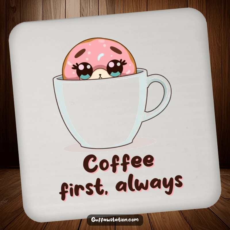Funny donut coaster depicts a surprised donut hiding behind a giant coffee cup, adding humor to drink protection.