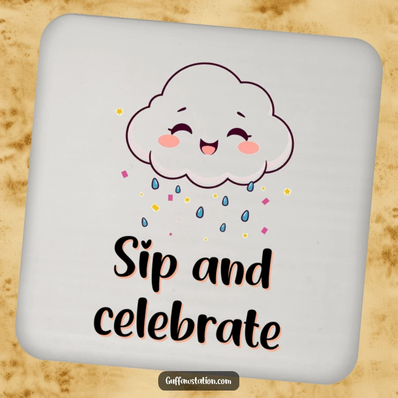 Funny smiling cloud raining confetti, a humorous drink coaster for cheerful gatherings.