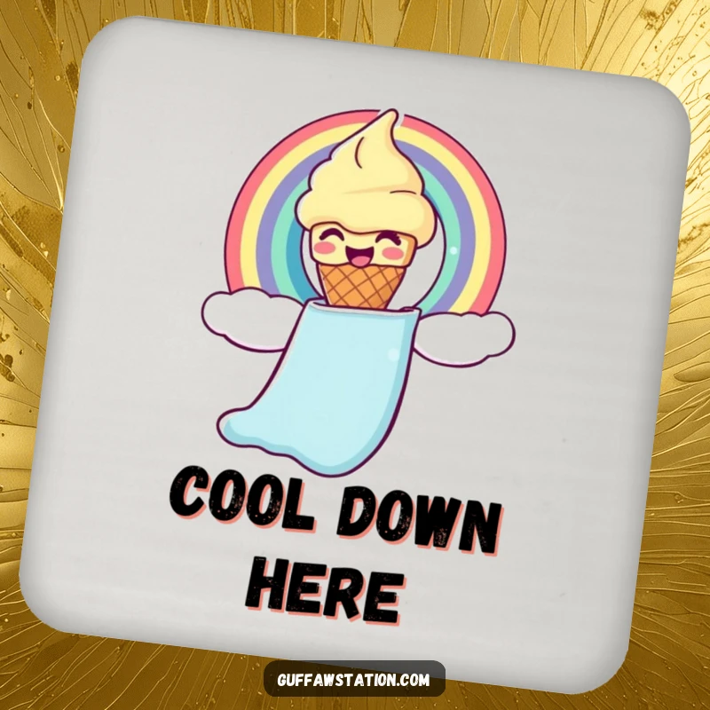 Funny ice cream coaster showing a giggling cone sliding down a rainbow chute, a humorous and practical accessory.