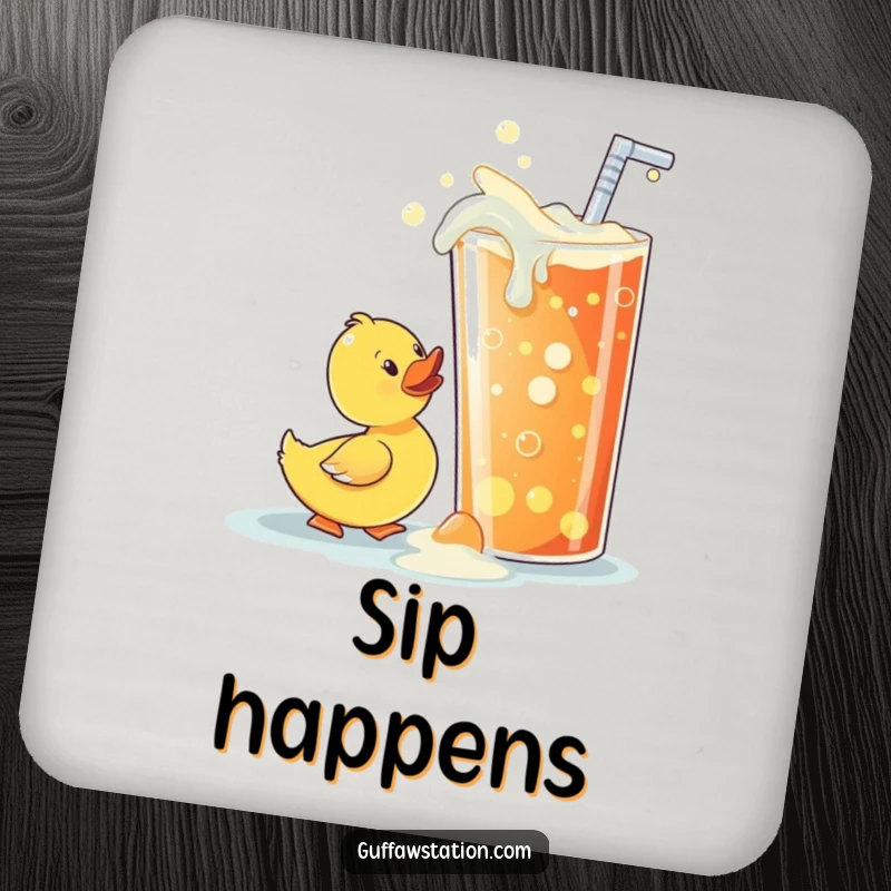 Funny rubber ducky coasters protecting surfaces from condensation, comically trying to sip from a giant overflowing soda, adding humor.