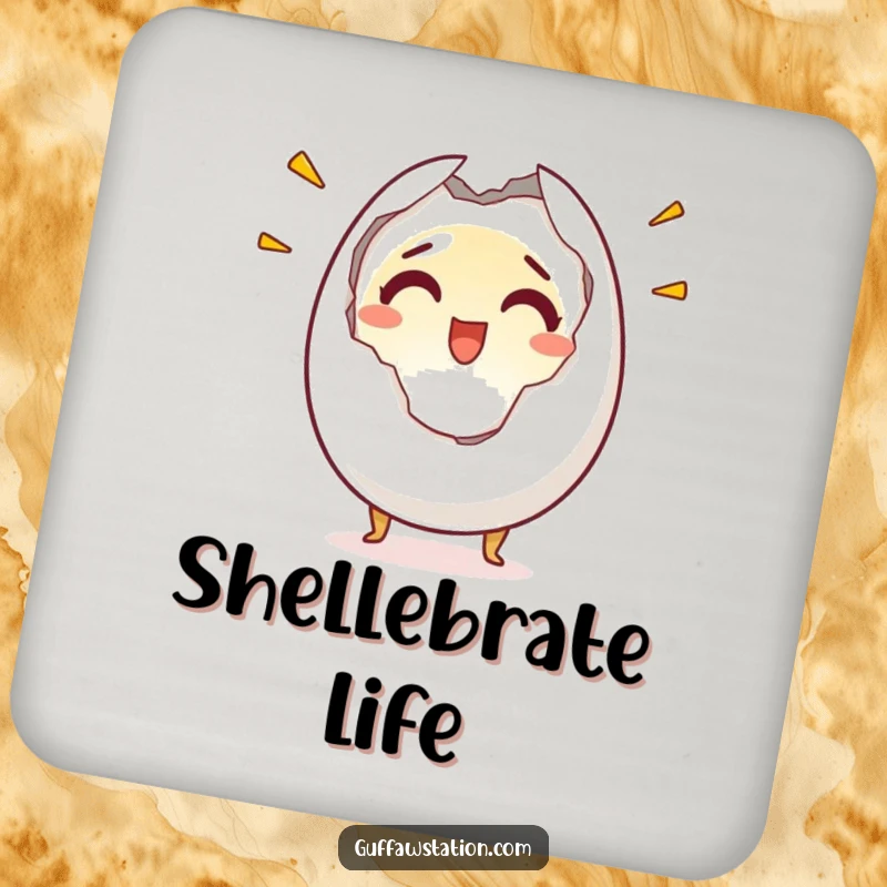 Funny coaster featuring a startled egg character cracking open with a shocked yet happy expression, adding humorous protection to surfaces.