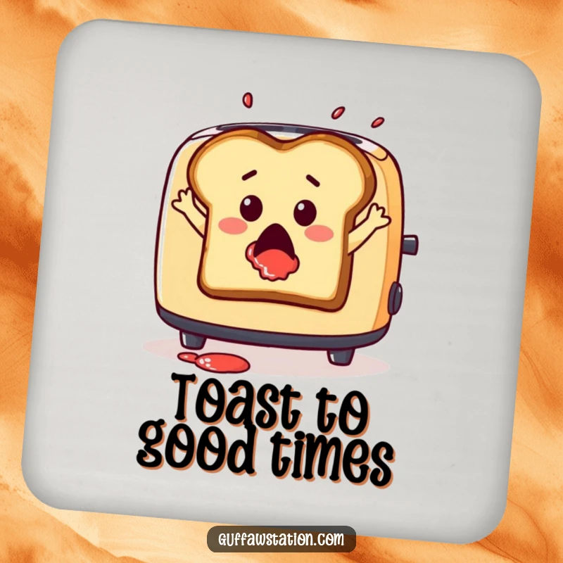 Funny drink coasters featuring a surprised slice of toast leaping from a toaster with jam splatter, for humorous protection.