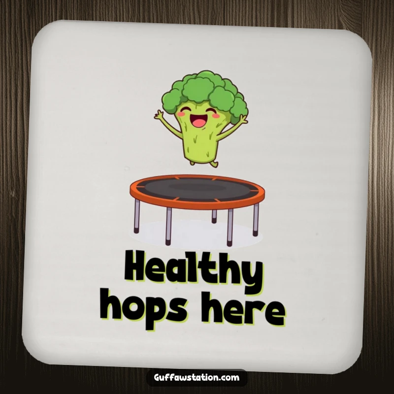 Funny coaster featuring a giggling broccoli launching itself from a trampoline into the air, protecting surfaces with humor.