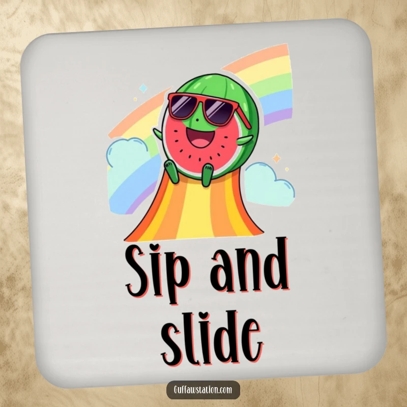 Funny drink coaster of a happy watermelon in sunglasses sliding down a rainbow slide, adding cool summer vibes to any table.