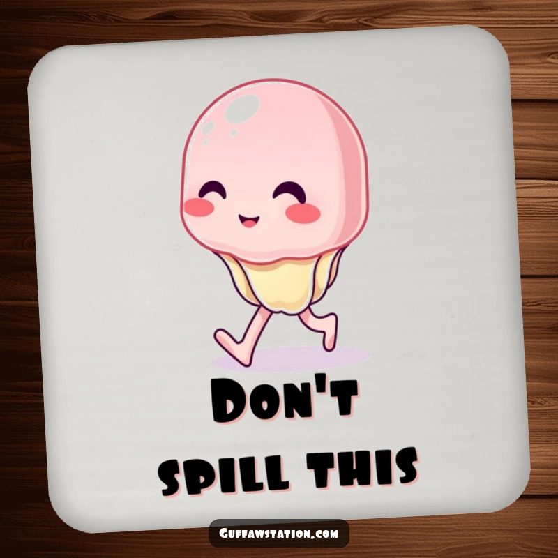 Funny drink coaster featuring a wobbly jelly character in a hilariously uncontrolled wiggle, protecting surfaces with humor.