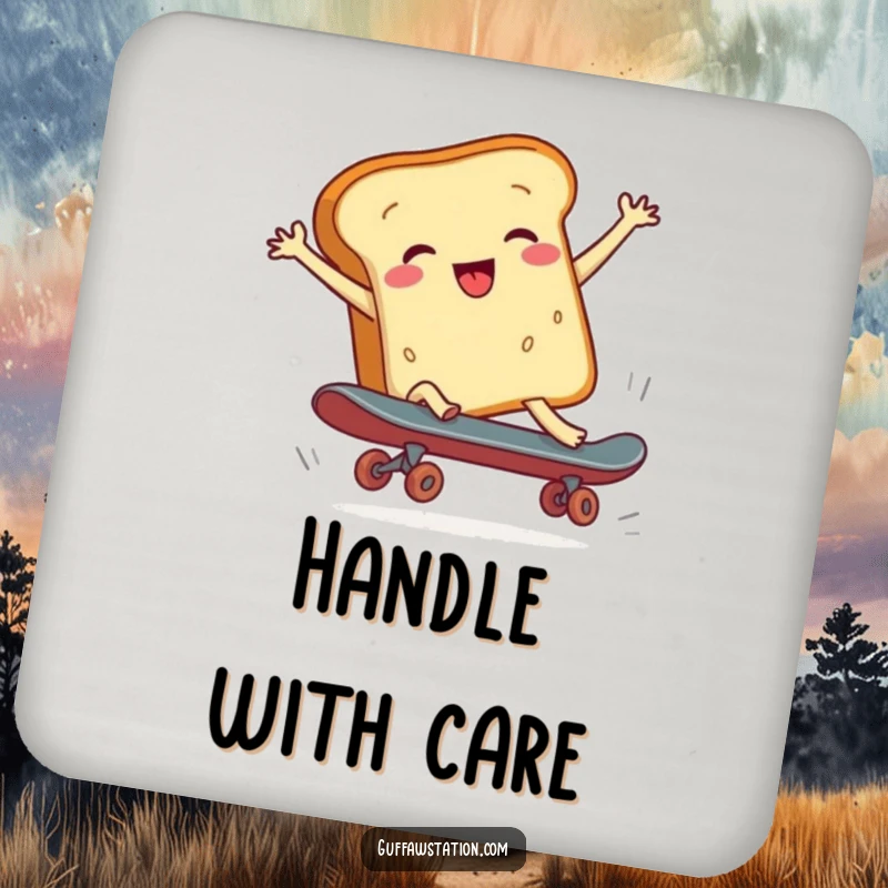 Funny drink coaster depicting a bread loaf falling off a skateboard, a humorous cartoon accessory for tabletops.
