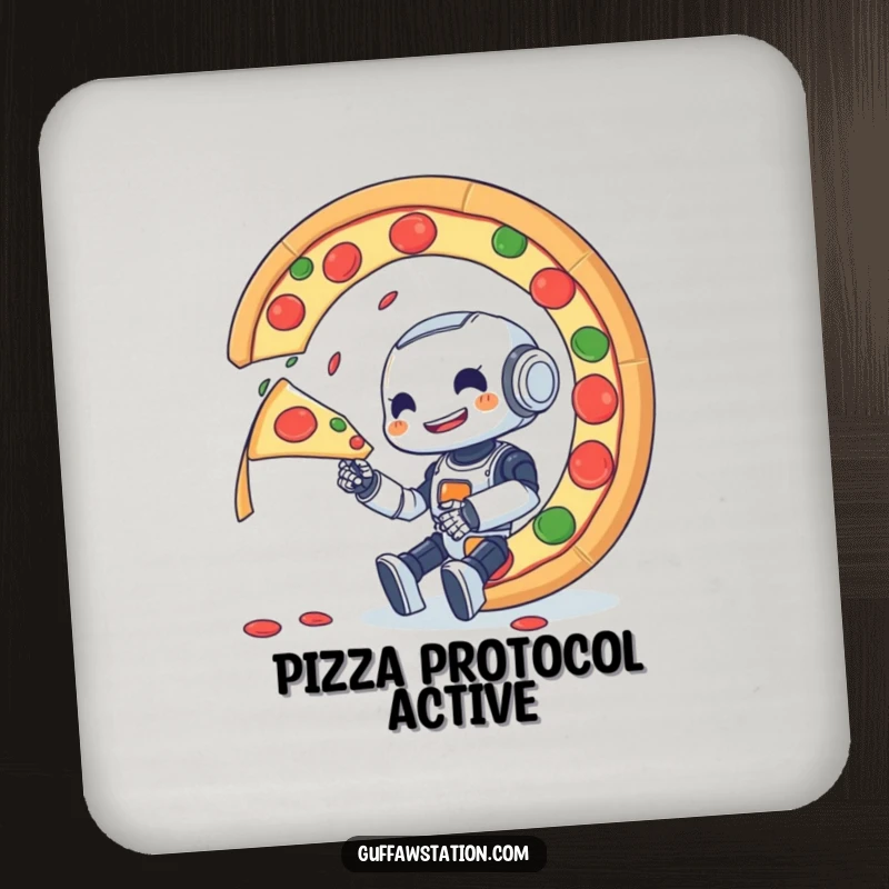 Funny coaster depicting a small robot enthusiastically devouring a giant, spinning pizza slice.