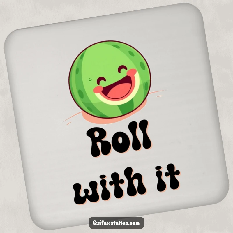 Funny drink coasters showing a happy watermelon with a big grin rolling downhill, adding a touch of summer humor.