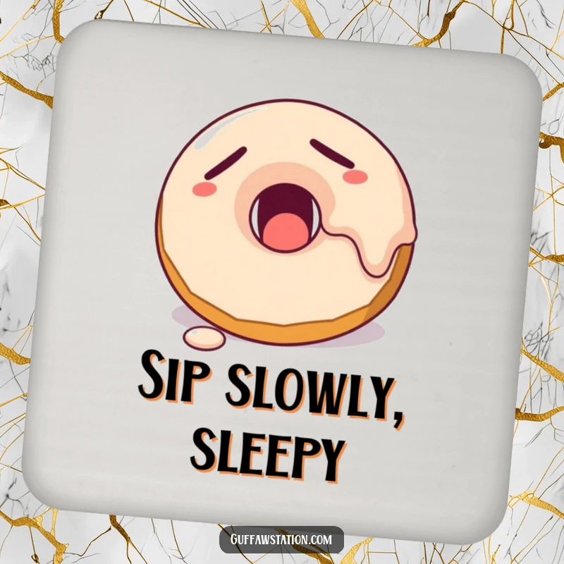 Funny sleepy donut character yawning with frosting melting, featured on a humorous and protective drink coaster.