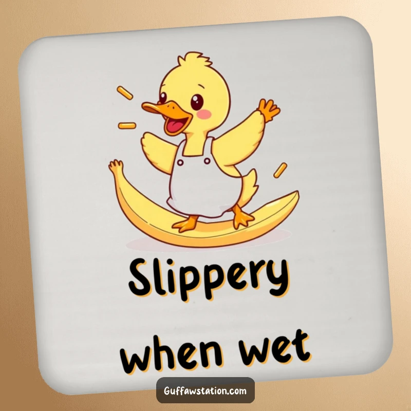 Funny Duck Coaster: A duck in an apron tripping and flinging fries, adding a clumsy and funny touch.