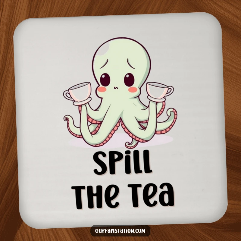 Funny surprised octopus wearing teacups, on stylish and funny drink coasters.
