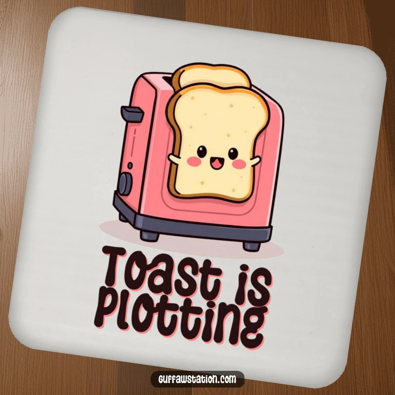 Funny drink coasters showing a slice of toast jumping out of a toaster, adding a humorous touch to any table setting.