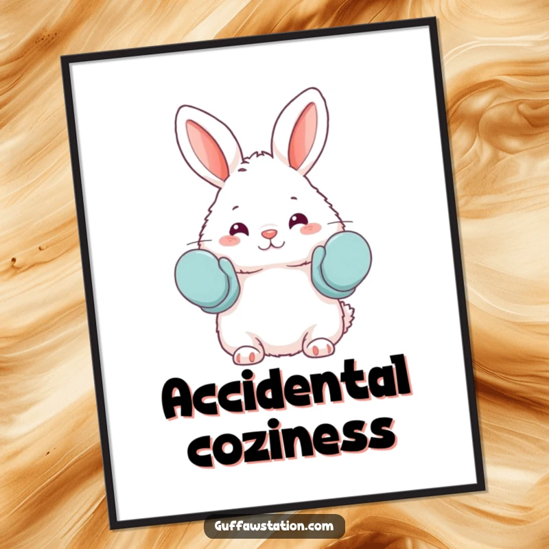 Funny poster illustrating a fluffy bunny adorably wearing oven mitts as mittens, adding a humorous and cute touch to any space.