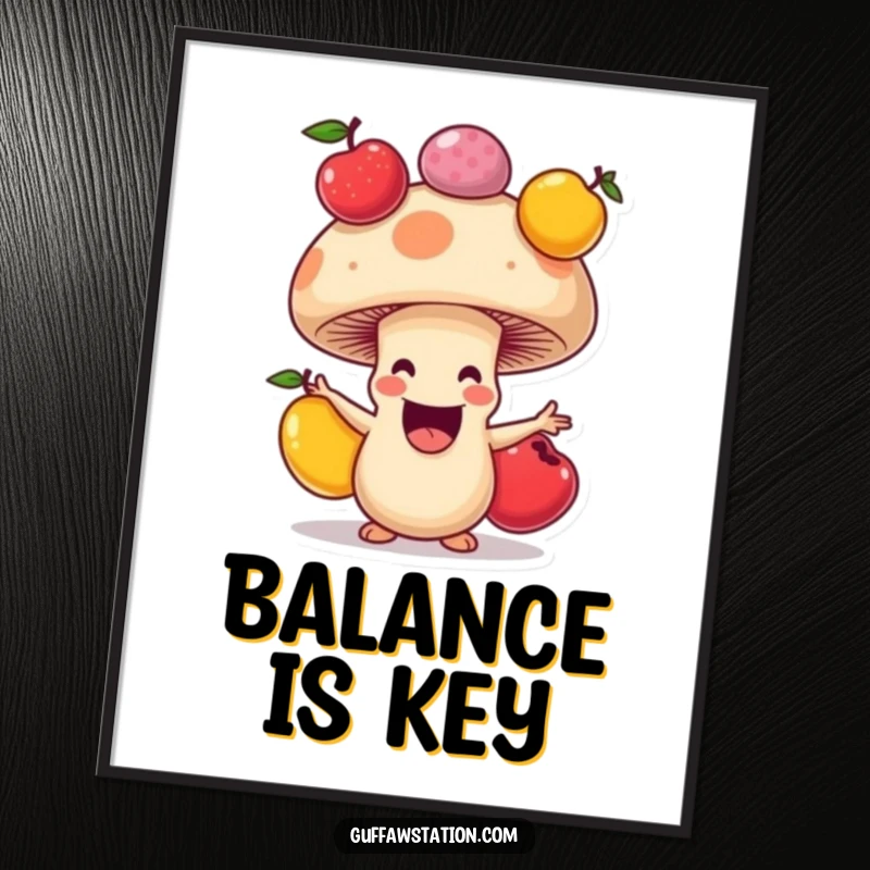 Funny poster art of a happy mushroom with a wide grin, juggling fruits in a vibrant and cheerful cartoon.