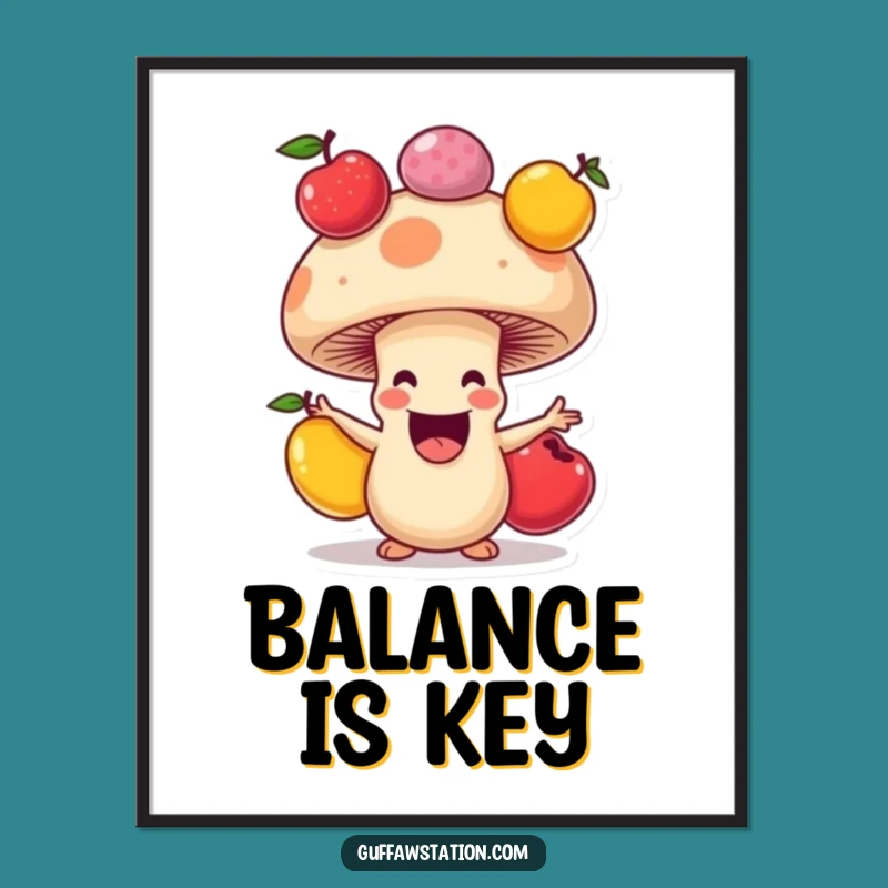 Funny Mushroom Juggling Poster, Vibrant Cartoon Art, Cheerful Funny Gift Decor