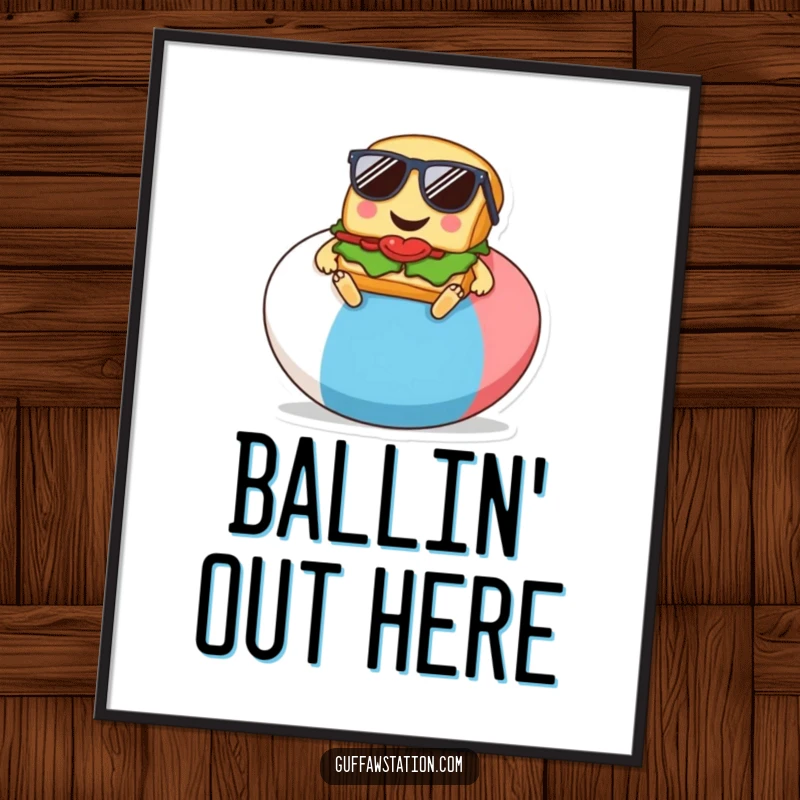 Funny poster artwork of a smiling sandwich wearing sunglasses, relaxing on a beach ball, a vibrant cartoon.