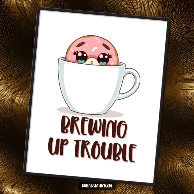 Funny donut surprise poster shows a wide-eyed donut hiding behind an enormous coffee cup, creating a comical scene.