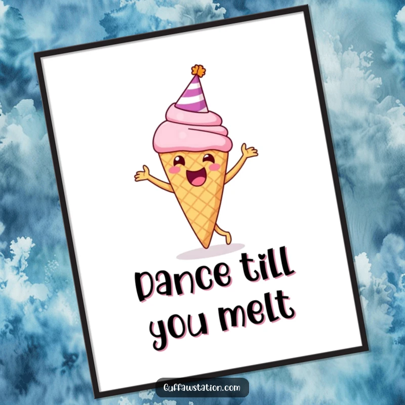 Funny poster of a delighted ice cream cone wearing a party hat, joyfully doing a happy dance, embodying festive dessert fun.