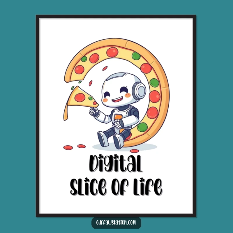 Funny Robot Pizza Poster: Wall Art of a Bot's Giant Slice Obsession
