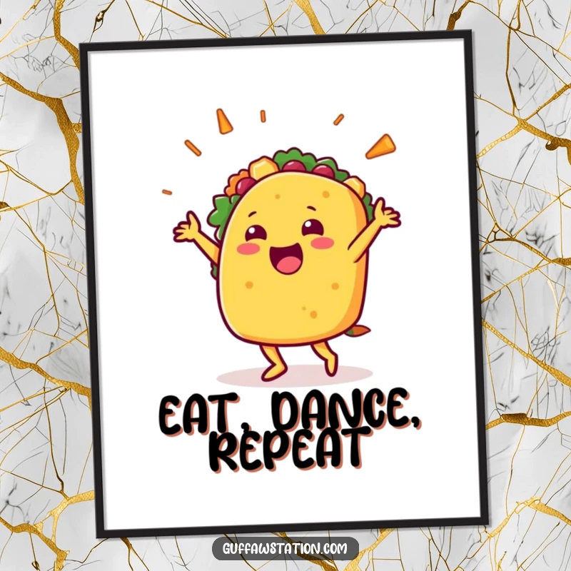 Funny poster featuring a happy taco character joyfully dancing with its filling flying, creating a vibrant piece of food-themed humor art.