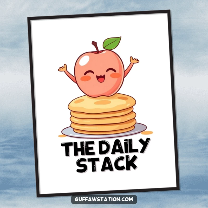 Funny poster art of a blushing apple precariously balanced on a stack of pancakes. Whimsical food illustration for cheerful decor.