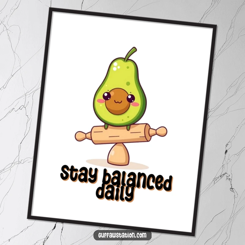 Funny avocado art print of it determinedly balancing on a tiny rolling pin, conveying humorous perseverance and effort.