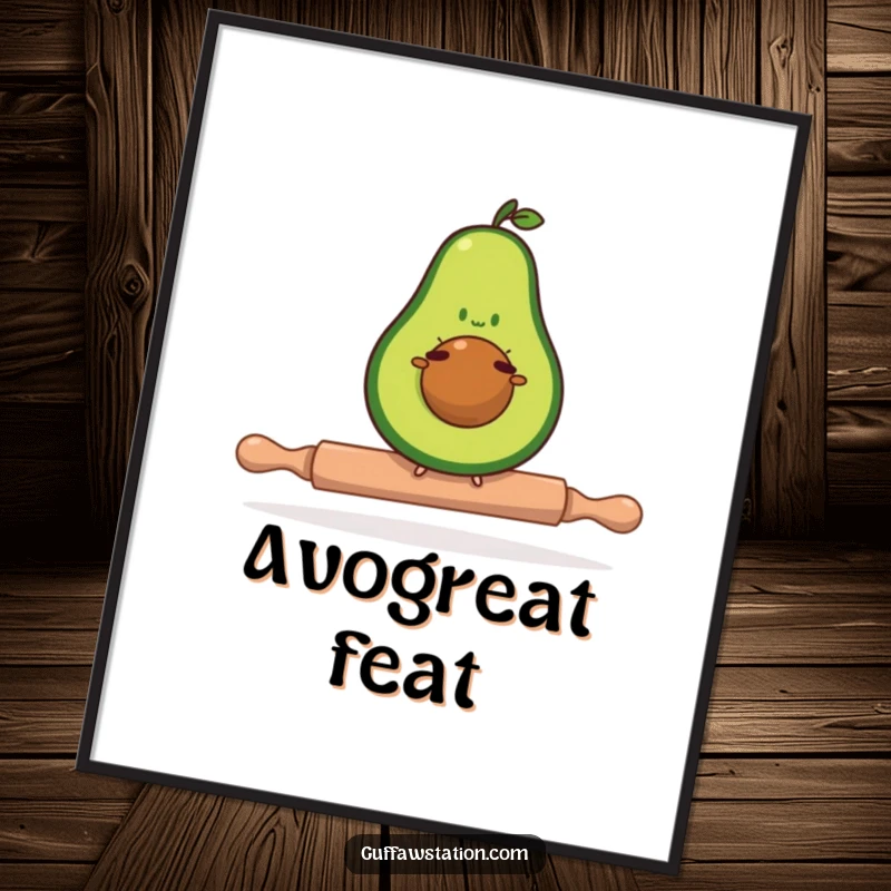 Funny avocado poster showing a determined avocado balancing on a tiny rolling pin, a humorous and charming wall art.